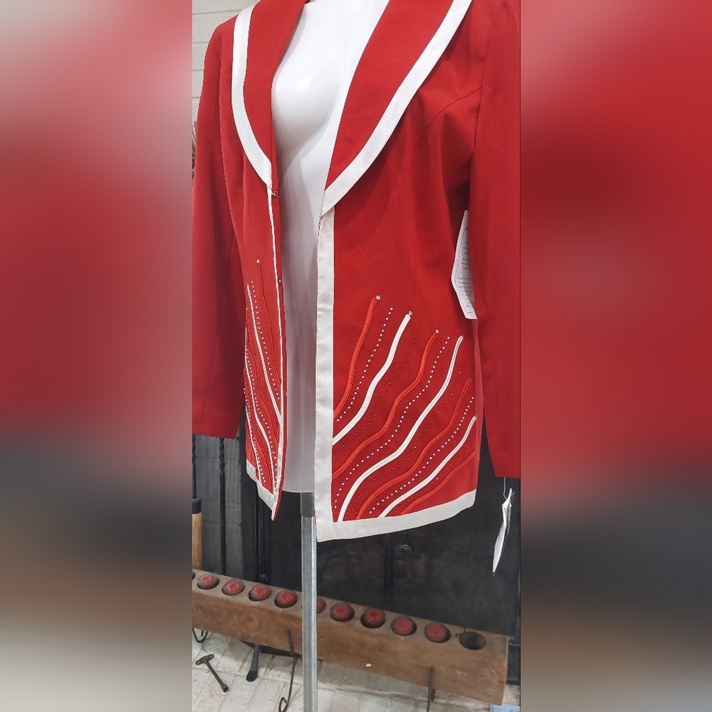 Elegant Red Blazer with White Trim & Rhinestone Detail Chic Statement Jacket NEW - Picture 12 of 12